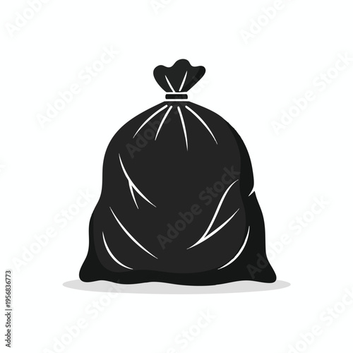 Black garbage bag with drawstring closure, casting a shadow