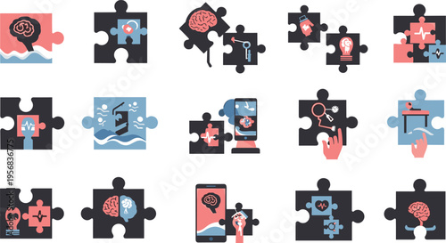 Mental Health Puzzle Piece Icon Set with Brain Therapy Psychology Support Counseling Awareness and Emotional Wellness Vector Collection