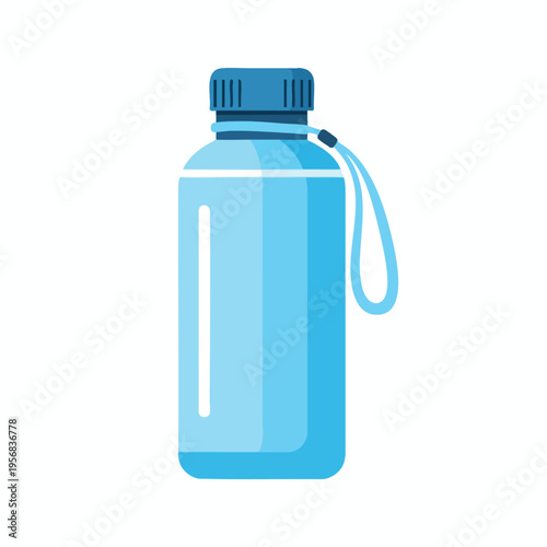 Blue transparent bottle with striped cap and attached strap
