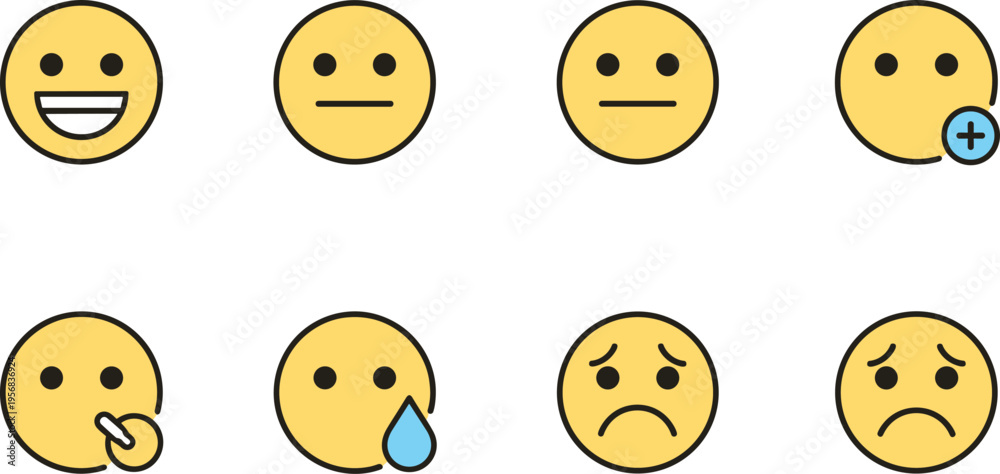 Fototapeta premium Minimal Emoji Face Vector Set with Happy Neutral Thinking Add Tear and Sad Expression Icons for Digital Communication