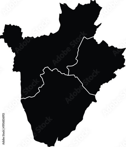 Black silhouette map of burundi with internal regional borders on a white background.