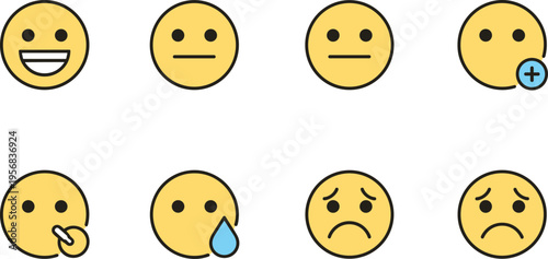 Minimal Emoji Face Vector Set with Happy Neutral Thinking Add Tear and Sad Expression Icons for Digital Communication