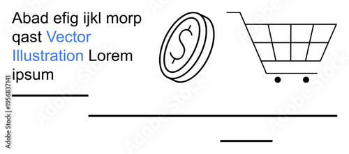 E-commerce, online shopping, digital payments, retail sales, financial transactions, marketing. Coin icon next to a cart symbol on a clean white layout. E-commerce and online shopping concept