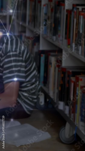 Vertical video: Teen studying in library, reaching for device while glowing nodes linking to notes