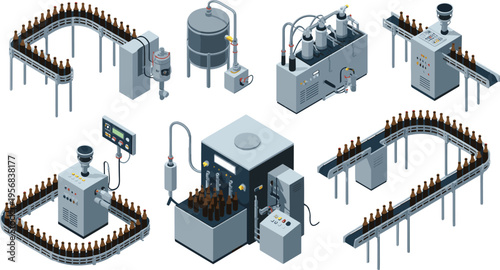 Isometric brewery production line vector illustration with beer bottling conveyor system filling machines packaging equipment and industrial beverage factory process