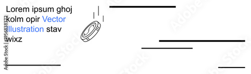 Finance, investment, digital currency, transactions, minimal design, conceptual art. Coin falling with dashed lines and text in abstract layout. Finance and investment in a clean style