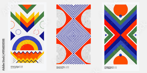 Three abstract geometric patterns in vibrant colors vertically aligned