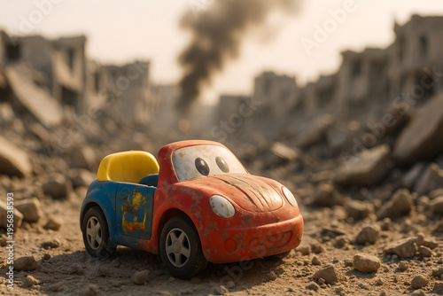 Cute red toy car with eyes left on ground of devastated city with smoke