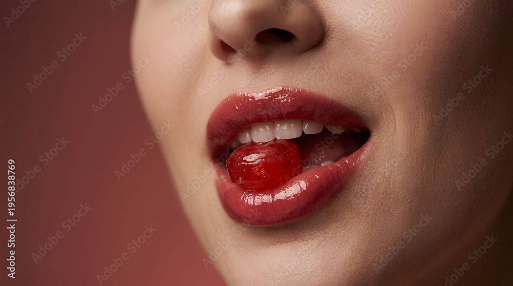 Naklejka premium Glossy red lips bite into a small red hard candy against a warm burgundy background, blending playful sweetness with high-end beauty aesthetics.