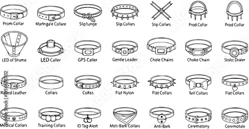 Comprehensive Black and White Vector Icon Set of Various Dog Collar Types for Pet Training, Safety, and Identification