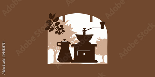 A vintage coffee grinder and pot silhouette framed within an arched window