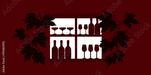 A window display featuring silhouettes of wine bottles and glasses