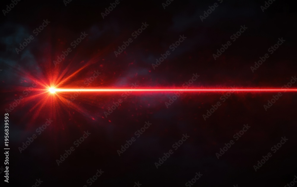 Fototapeta premium Bright red laser beam shoots from a glowing dot on the left across a dark, smoky background, creating a dramatic futuristic light.