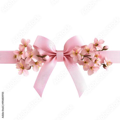 A beautiful pink ribbon with flowers on transparent background