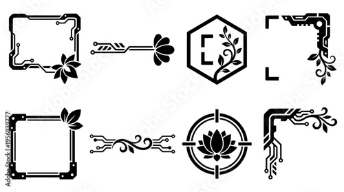 Set of black vector digital circuit floral frames, sci-fi UI corners, and a cyber lotus target blending futuristic technology with organic nature