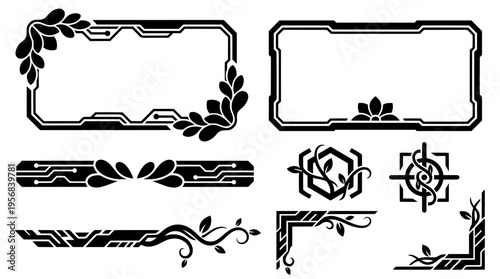 Collection of black vector techno botanical frames, circuit leaf borders, and sci-fi HUD badges combining futuristic UI lines with organic plant vines