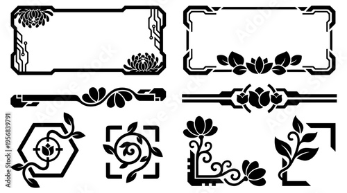 Collection of black vector biomechanical floral frames, sci-fi vine borders, and digital plant icons for futuristic HUD graphic design and tech UI