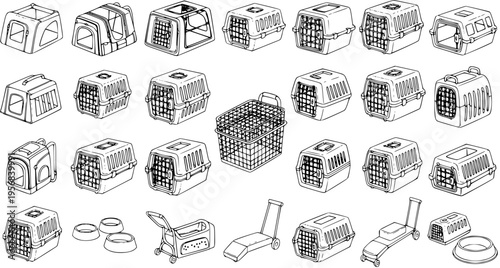 Collection of Pet Travel Carriers, Crates, Backpacks, Strollers, and Bowls - Hand Drawn Line Art Vector Illustration Set for Dogs and Cats