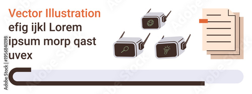Technology, education, research, digital tools, innovation, document analysis. Three marked devices and a stack of papers. Technology and education concept modern digital innovations