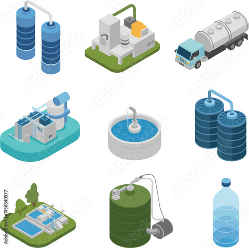 Isometric water treatment illustration with filtration tanks purification plant tanker truck pipelines reservoirs equipment and clean drinking water supply system