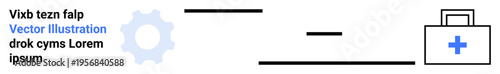 Healthcare technology, medical innovation, first aid, emergency solutions, technical systems, automation. A gear icon and a medical kit a plus symbol. Healthcare technology and first aid focus