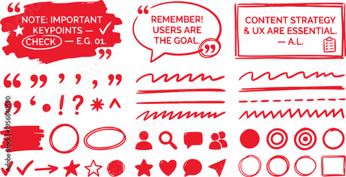 Collection of red hand-drawn elements commonly used for highlighting, emphasizing, or annotating text. 