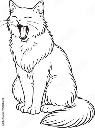 Turkish Angora Cat Yawning Black and White Line Art Feline Pet Behavior Illustration