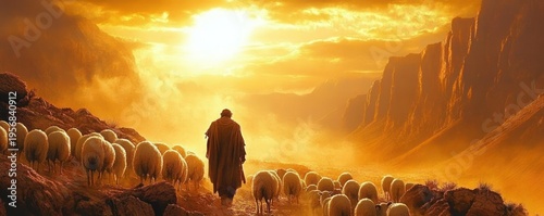 A lone shepherd in a cloak walks with a flock of sheep through a rocky valley at golden sunset, warm light and mist evoking peaceful solitude and contemplation