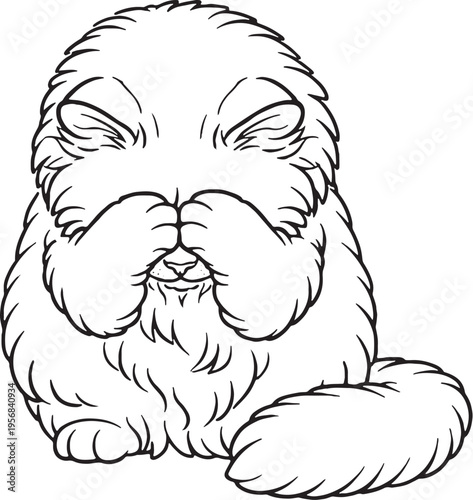 Siberian Cat Hiding Face With Paws Line Art, Cute Fluffy Cat Black White Vector Illustration