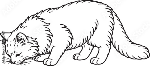 Siberian Cat Eating Pose Line Art, Fluffy Cat Side View Black White Vector Illustration
