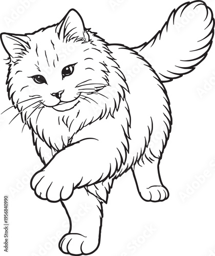 Siberian Cat Batting Paw Line Art, Playful Cat Swipe Pose Black White Vector Illustration