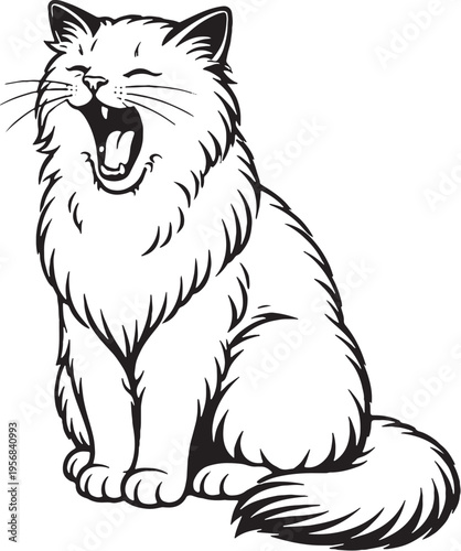 Ragdoll Cat Yawning Sitting Black and White Line Art Pet Behavior Illustration