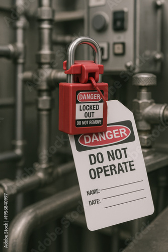 Red safety padlock for lockout tagout procedure on industrial equipment. This danger warning highlights critical process for workplace protection and maintenance