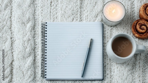 Open notebook with holiday wish list beside cinnamon rolls and lit candle on cozy workspace, warm festive creative setting for seasonal planning and home comfort.