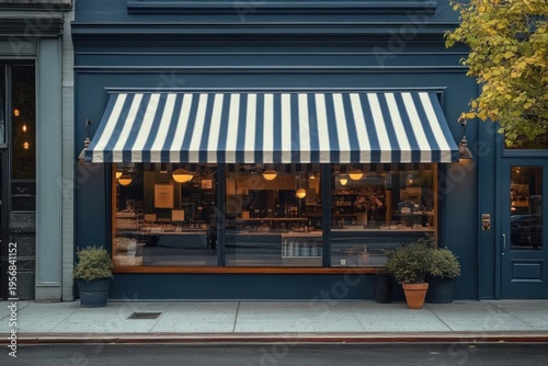 Cozy blue storefront with navy and white striped awning, large window revealing warm-lit café interior, wooden bench, potted plants, sidewalk and autumn tree