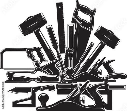 Collection of various black and white hand tools illustration