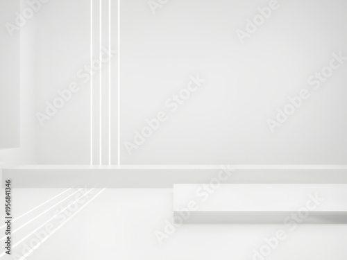 White stage with white striped neon lights