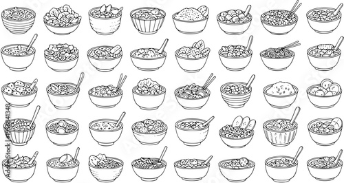 Hand Drawn Set of Various Food Bowls with Spoon and Chopsticks Illustrations. Collection of Breakfast Cereals, Soups, Stews, Grains, and Healthy Meals in Line Art Style.