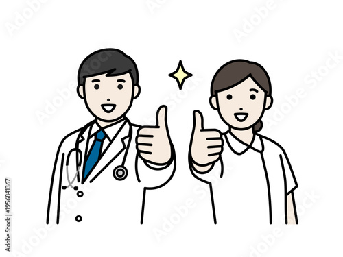 グッドサインをする医師と看護師