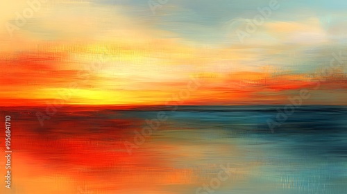 Contemporary Nautical Abstract Art Representing Sunset over Water with Linear Texture and Intense Crimson and Amber Tones