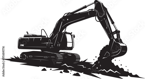 Black Excavator Machine Digging Earth with Long Arm Vector
