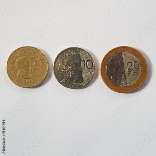 Five, ten, and twenty peso Philippine coins