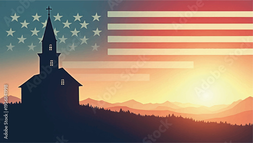 American church silhouette at sunset with USA flag background vector