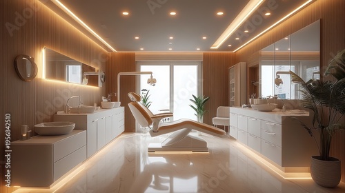 modern dental treatment room with reclining chair and overhead lamp, double sinks, mirrored cabinets, warm ambient led lighting, wood paneling, marble floor and potted plants, calm and luxurious