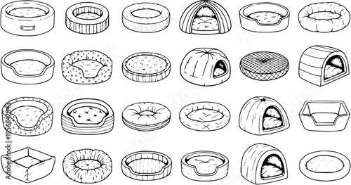 Black and white line art vector icons showcasing a diverse collection of pet beds for dogs and cats, featuring various shapes, styles, and designs like cushions, donuts, and igloos.