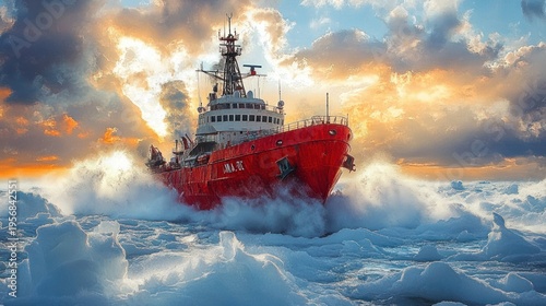 A red rescue ship plows through icy seas at sunset, sending spray over wild ice floes as dramatic waves crash around it