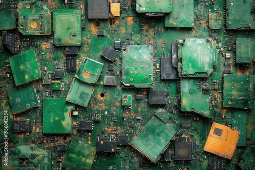 Close-up of stacked green circuit boards and microchips with orange rust and corrosion conveying gritty decay and chaotic electronic detritus