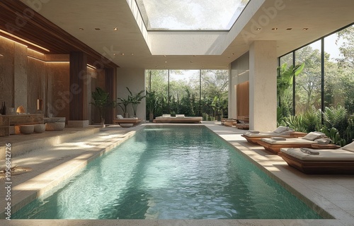 Tranquil sunlit indoor pool with central skylight, floor-to-ceiling glass walls, wooden loungers with cushions, lush tropical plants, stone deck and serene spa atmosphere