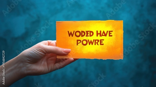 Hand holding a glowing torn orange card with bold misspelled message against a textured teal background, evoking curiosity and urgent attention