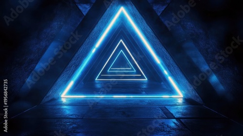 glowing blue neon triangular tunnel with repeating frames and reflective floor, futuristic mysterious and hypnotic high-tech corridor